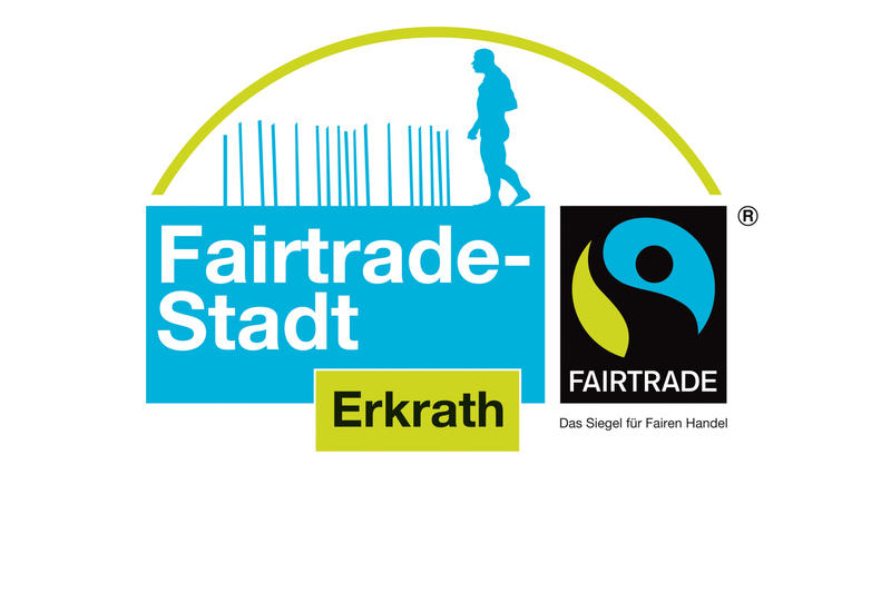 Logo in den Farben blau und grn mit der Silhouette des Neanderthalers und den Messstangen am Fundort und dem Schriftzug Fairtrade-Stadt Erkrath und dem Siegel fr Fairen Handel.