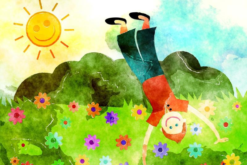 Einfach gemaltes Aquarell mit Wiese, Blumen, Bergen, Himmel und Sonne im Hintergrund, turnendes Kind im Vordergrund