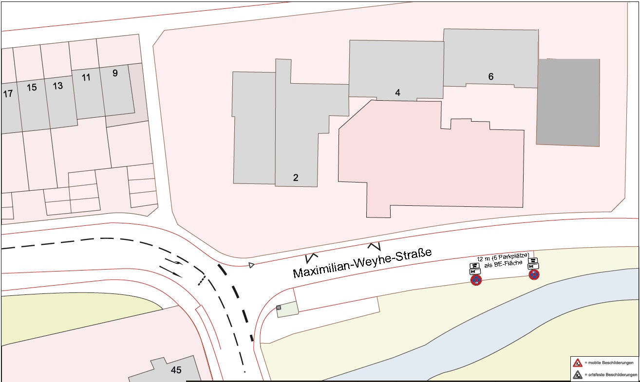 Eine Karte von der Maximilian-Wehye-Straße in der eingezeichnet ist, wo Parkplätze gesperrt werden