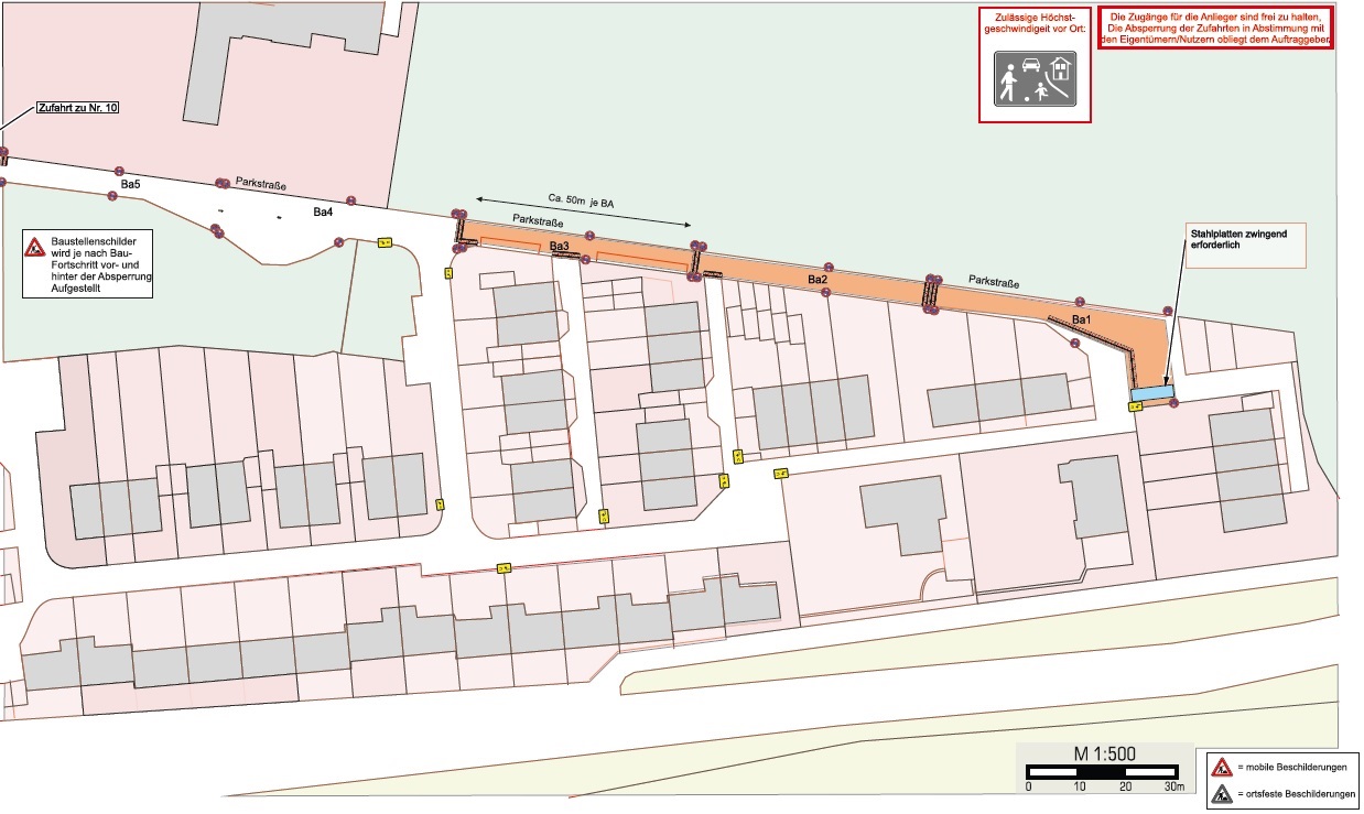 Eine Karte von der Parkstraße und dem angrenzenden Wohngebiet in der die künftige Baustelle mit Straßensperrungen eingezeichnet ist