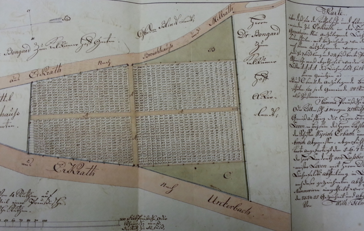 Friedhofsplan aus dem Jahr 1825 des alten Erkrather Friedhofes an heutigen Ecke Kreuzstraße / Hochdahler Straße gelegen (Stadtarchiv Erkrath) Die wenige Jahre später gebaute Eisenbahnstrecke ist noch nicht vorhanden.