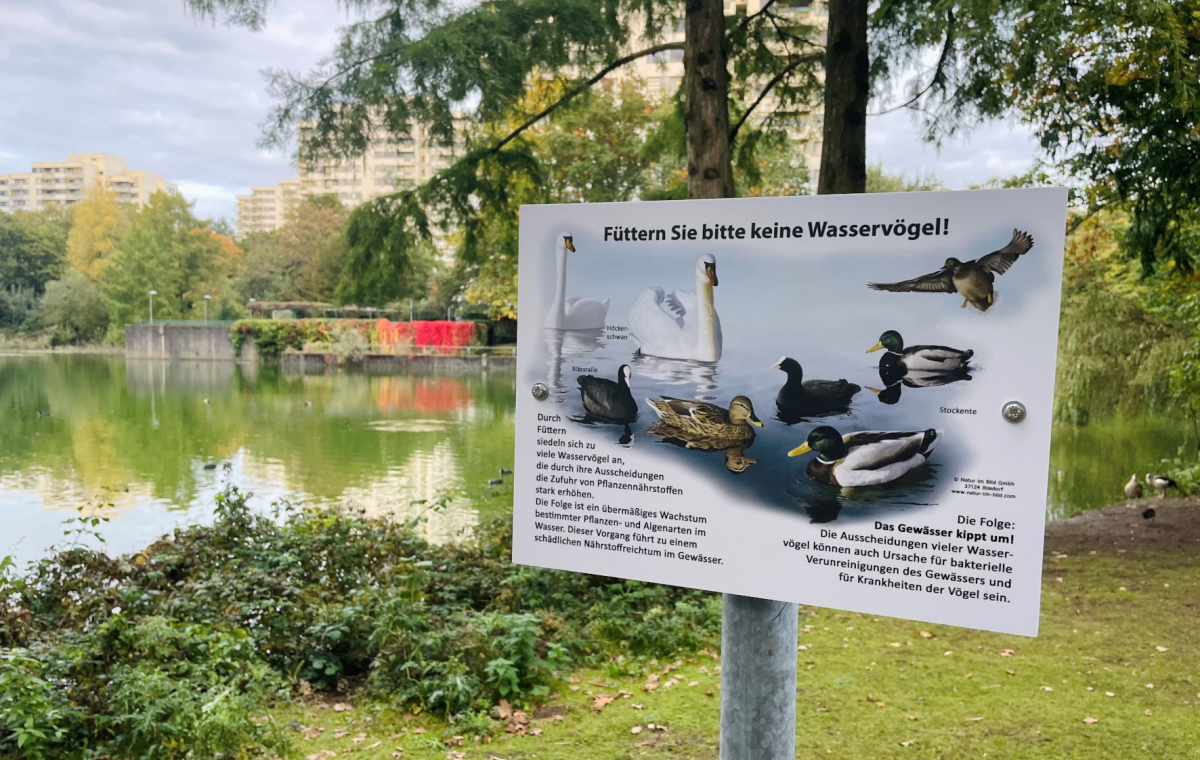 Am Stadtweiher in Hochdahl weisen neue Hinweisschilder auf das bestehende Fütterungsverbot hin.